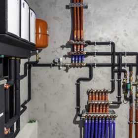 A modern electric boiler room. Equipment for modern heating system as a boiler, heater,pipes, expansion tank and other.